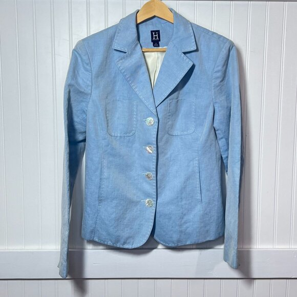 H Hilfiger Button Up Suit Jacket Pockets Women's 10 Linen Cotton Powder Blue - Picture 2 of 9
